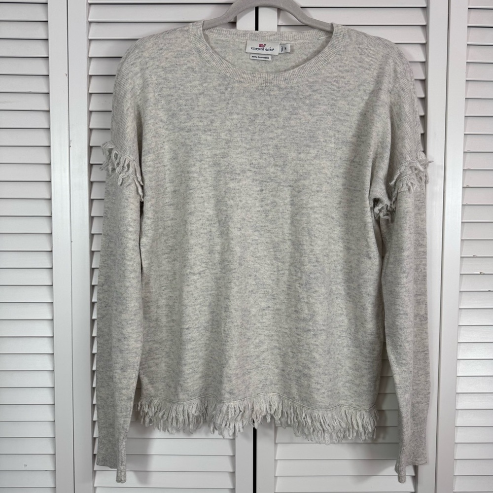 Vineyard Vines Cashmere Merino Wool Drop Shoulder Fringe Sweater Gray Medium - Picture 2 of 9